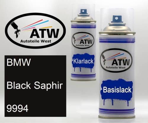 BMW, Black Saphir, 9994: 400ml Sprühdose + 400ml Klarlack - Set, von ATW Autoteile West.